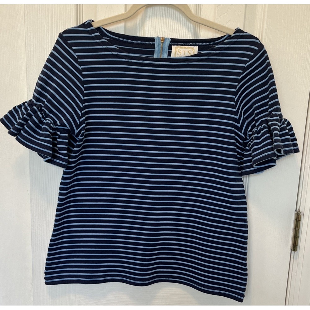 STS Sail to Sable Womens Short Sleeve Blouse Blue Stripe Back Zip Sz S Nautical